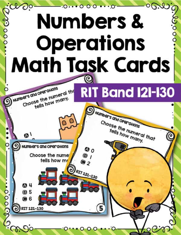 Numbers and operations math task cards cover for K-5 students at RIT 121-130