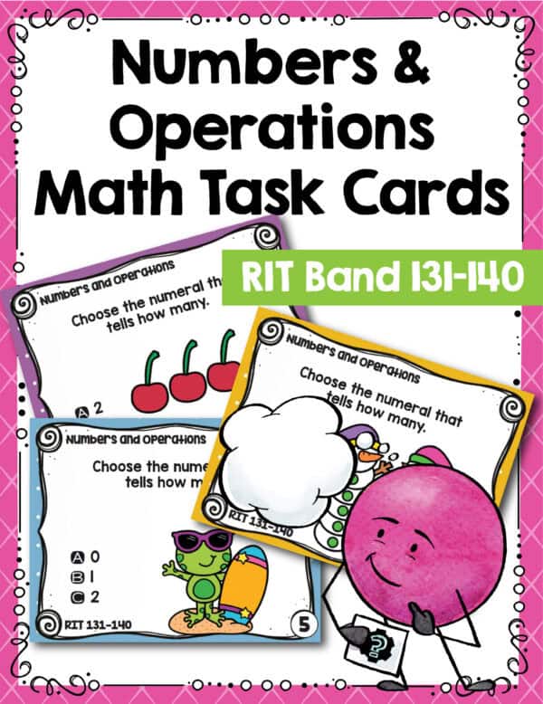 Numbers and operations math task cards cover for K-5 students at RIT 131-140
