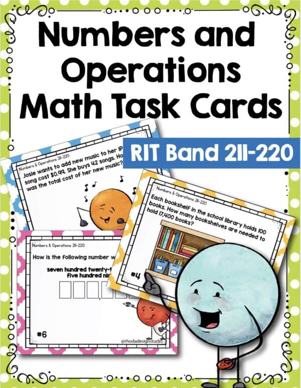 Numbers and operations math task cards cover for K-5 students at RIT 211-220