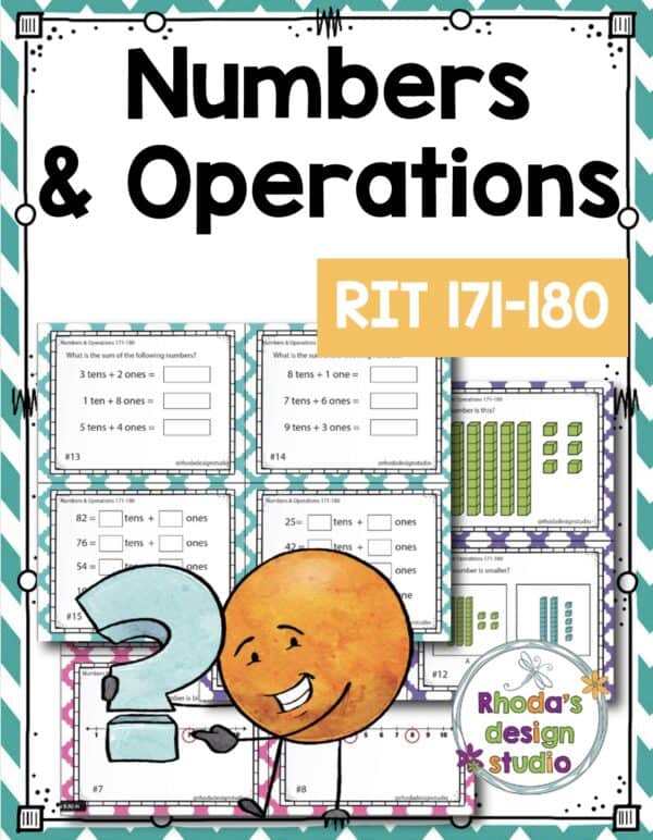 Numbers and operations math task cards cover for K-5 students at RIT 171-180