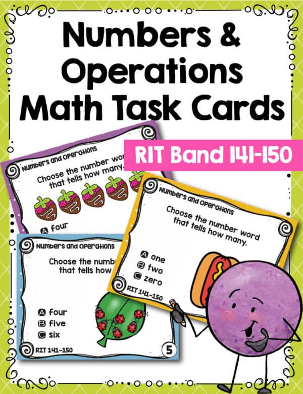 Numbers and operations math task cards cover for K-5 students at RIT 141-150