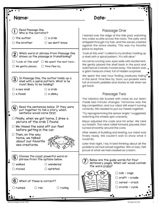 Reading worksheet for K-5 students at RIT 211-220 with point of view and Greek and Latin roots