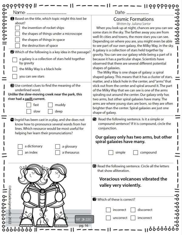 Reading practice worksheet for K-5 students at RIT 215 with author's reasoning and figurative language