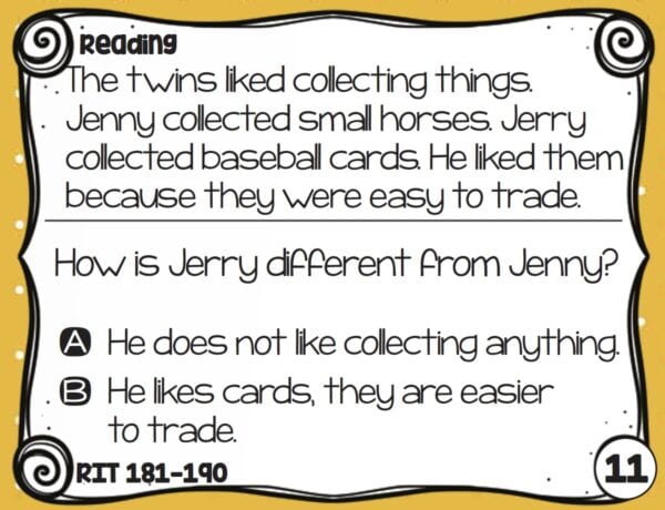 Sample reading task card for K-5 students at RIT 181-190