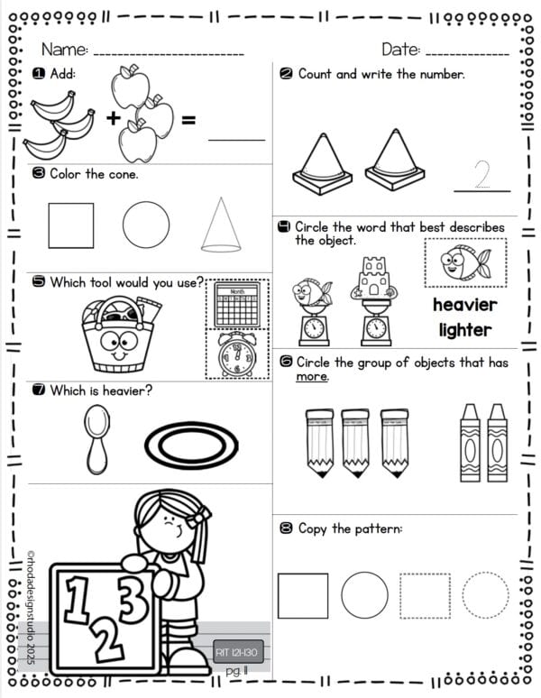 Math practice worksheet for K-5 students at RIT 125 with counting and shape recognition
