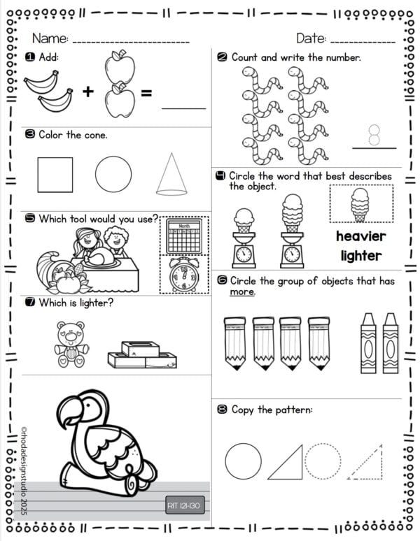 Math worksheet for K-5 students at RIT 121-130 with number identification and length comparison