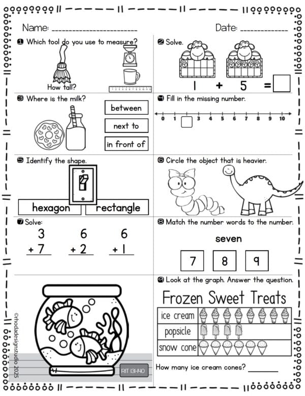 Math practice worksheet for K-5 students at RIT 135 with sorting and shape recognition