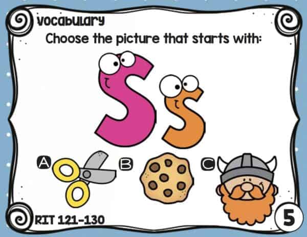 Sample vocabulary task card for K-5 students at RIT 121-130