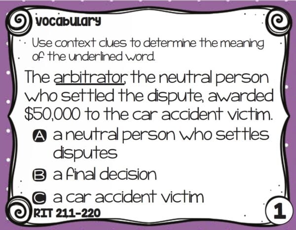 Sample vocabulary task card for K-5 students at RIT 211-220
