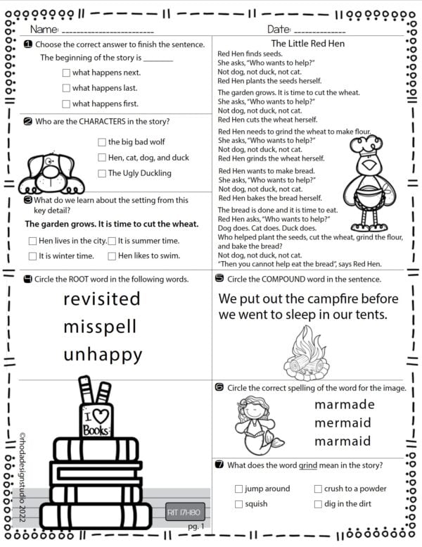 Reading practice worksheet for K-5 students at RIT 175 with phonics and vocabulary