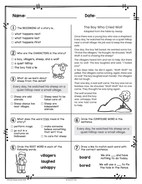 Reading worksheet for K-5 students at RIT 171-180 with sight words and comprehension
