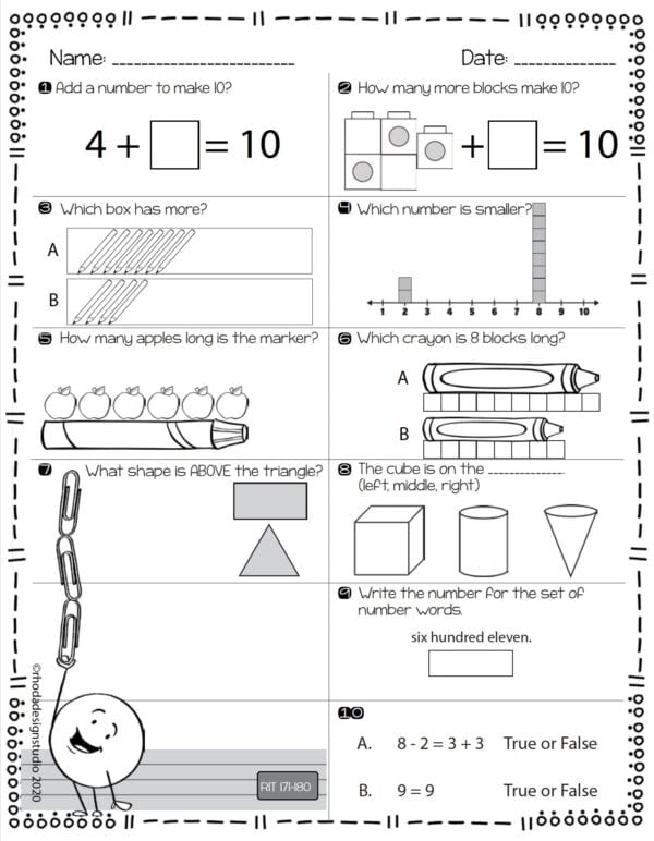 Math practice worksheet for K-5 students at RIT 175 with multiplication and subtraction
