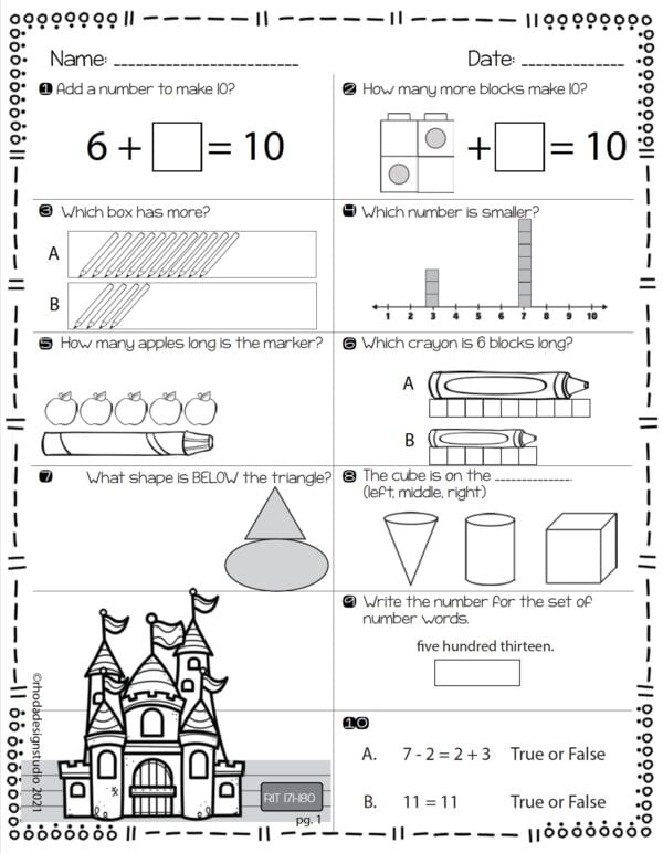 Math worksheet for K-5 students at RIT 171-180 covering addition and place value